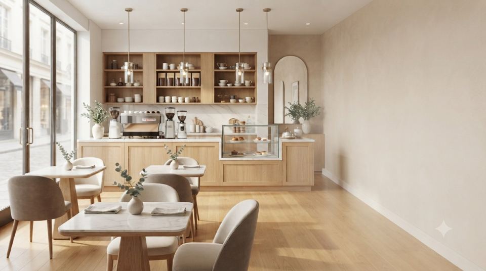 A spotless café with set tables