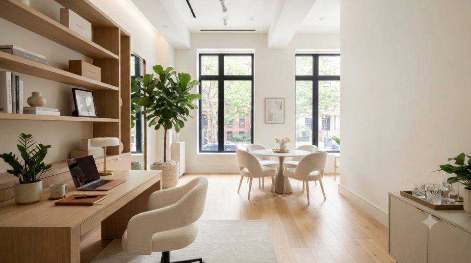 A clean, sunlit office workspace