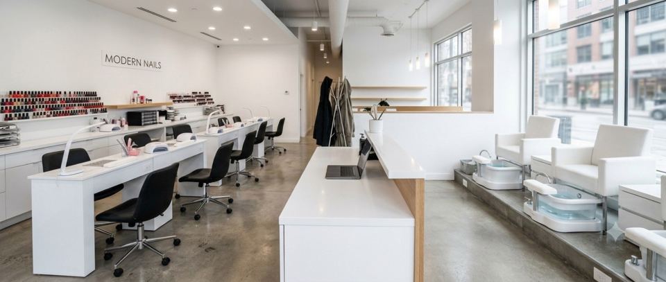 A bright salon with clean styling stations