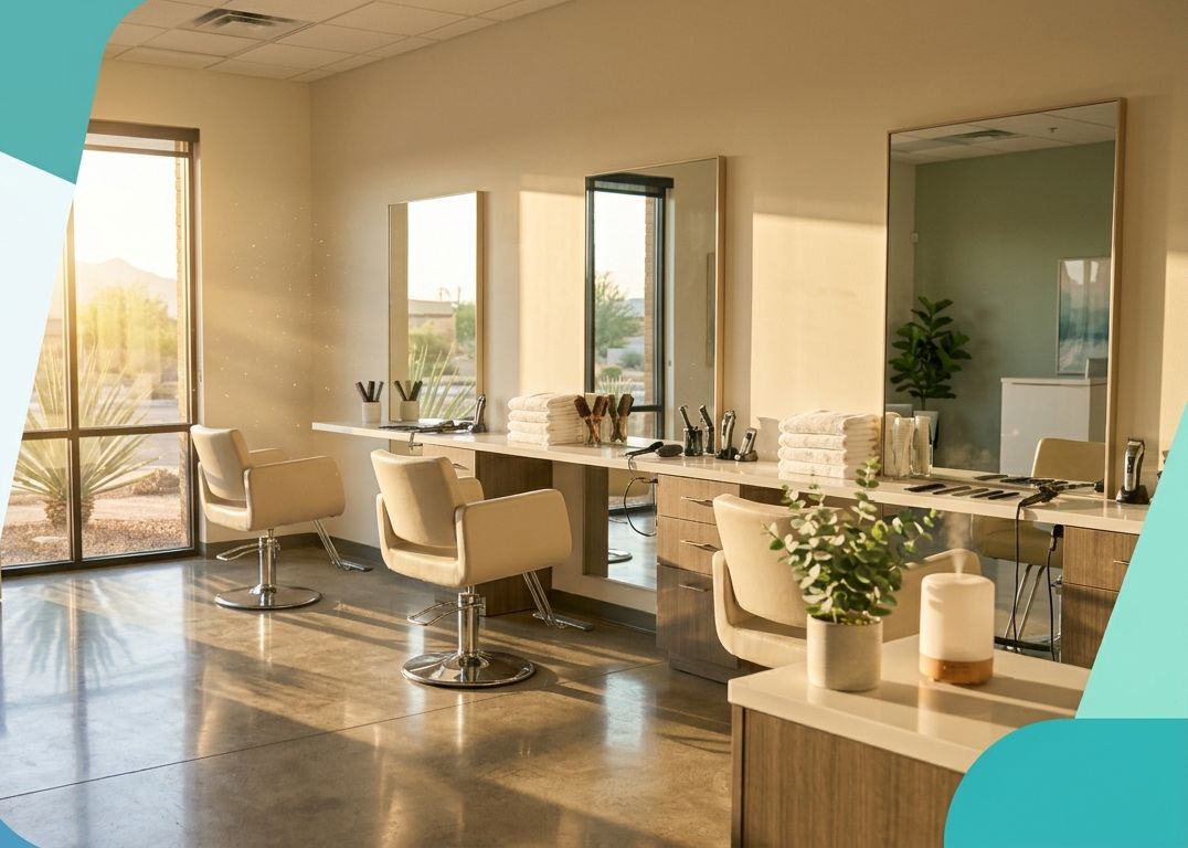 A sunlit, spotless salon with polished floors and tidy styling stations